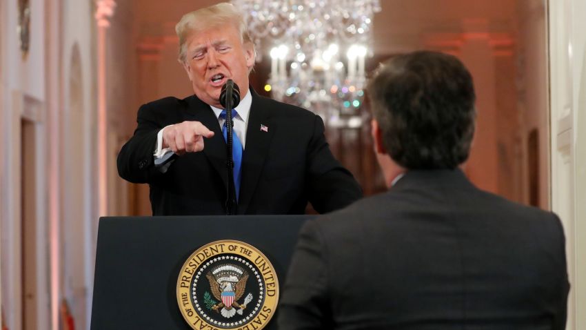 President Donald Trump points at CNN's Jim Acosta and accuses him of "fake news" while taking questions during a news conference following Tuesday's midterm congressional elections at the White House in Washington, D.C. Wednesday, November 7, 2018. 