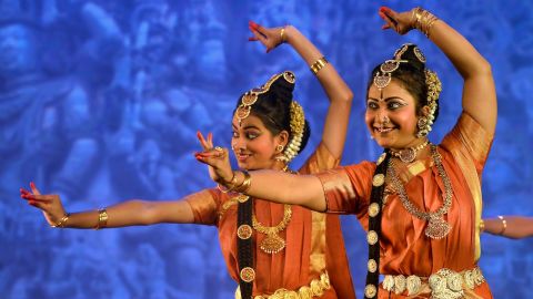 Indian dancers perform 'Bharatanatyam,' a traditional dance form from the state of Tamil Nadu, during "Cilappatikaram-Tale of an Anklet" dance opera in Bangalore on October 17, 2015. AFP PHOTO/Manjunath KIRAN        (Photo credit should read MANJUNATH KIRAN/AFP/Getty Images)