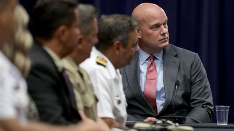 WASHINGTON, DC - AUGUST 29: Department of Justice Chief of Staff Matt Whitaker (R) participates in a round table event with the Joint Interagency Task Force - South (JIATF-S) foreign liaison officers at the Department of Justice Kennedy building August 29, 2018 in Washington, DC. Based in Key West, Florida, the JIATF-S is tasked with stopping the flow of illicit drugs with the cooperation of other agencies and international partners, including Brazil, Canada, Chile, Colombia, Dominican Republic, Ecuador, El Salvador, France, Honduras, Mexico, the Netherlands, Panama, Peru, Spain, Trinidad and Tobago and the United Kingdom. (Photo by Chip Somodevilla/Getty Images)