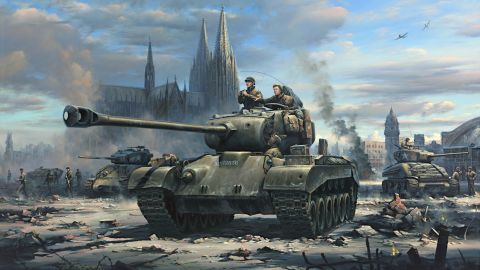 Clarence Smoyer, captured in this painting atop a tank, pointing, was haunted by a question from one battle.