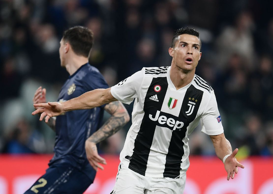 Juventus forward Cristiano Ronaldo reacts after opening the scoring against Manchester United.