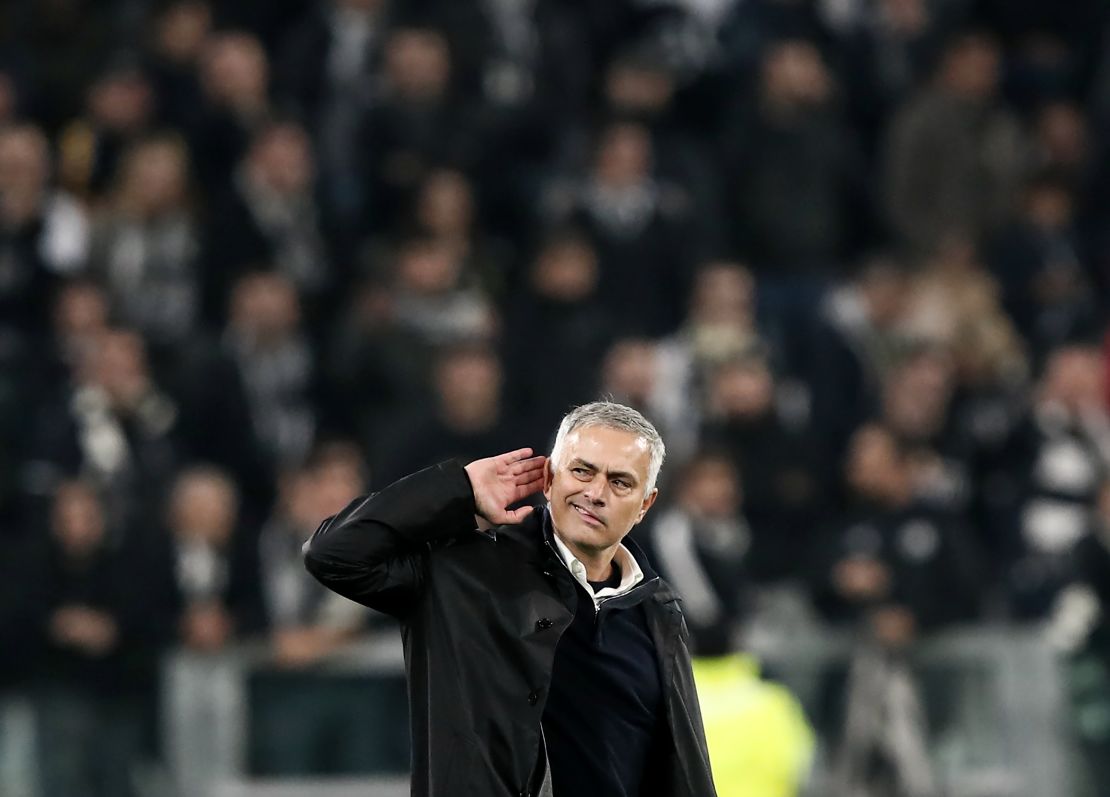 Jose Mourinho gestures to the crowd after Manchester United beat Juventus.
