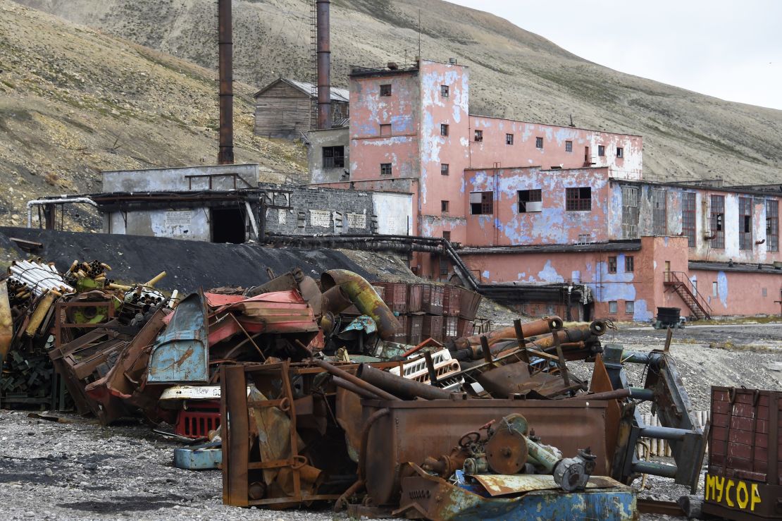 Scrap metal and buildings  in the abandoned Russian mining settlement of Pyramiden.