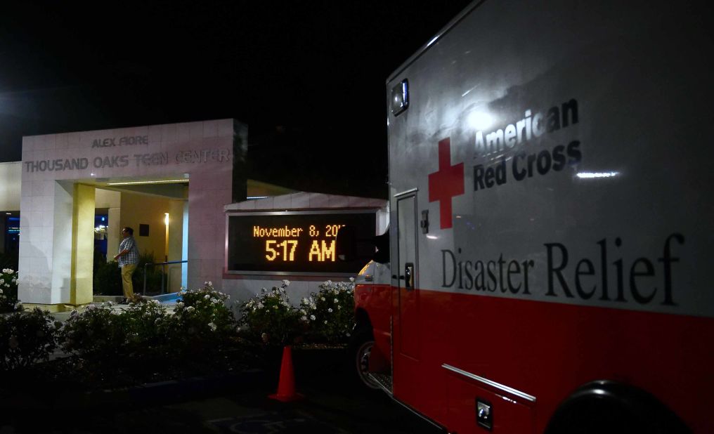 An American Red Cross Disaster Relief vehicle is seen outside the Thousands Oaks Teen Center where people have come for family assistance following the bar shooting.