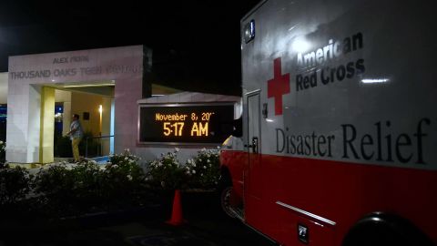 An American Red Cross Disaster Relief vehicle is seen outside the Thousands Oaks Teen Center on Thursday morning.