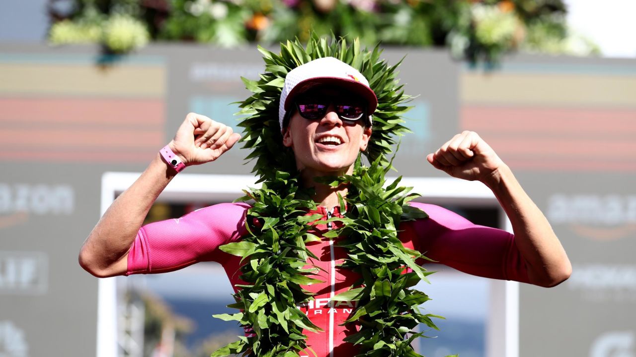KAILUA KONA, HI - OCTOBER 13:  Daniela Ryf of Switzerland celebrates after setting the course record of 8:26:16 to win the IRONMAN World Championships brought to you by Amazon on October 13, 2018 in Kailua Kona, Hawaii.  (Photo by Al Bello/Getty Images for IRONMAN)