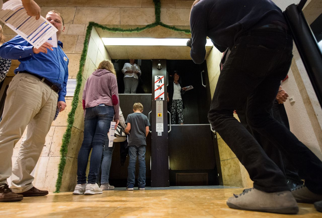 A Paternoster elevator in the city hall of Stuttgart, Germany, in 2015.