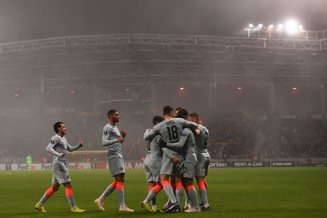 Chelsea's French striker Olivier Giroud celebrates with teammates after scoring during the Londoner's encounter with BATE Borisov outside Minsk.