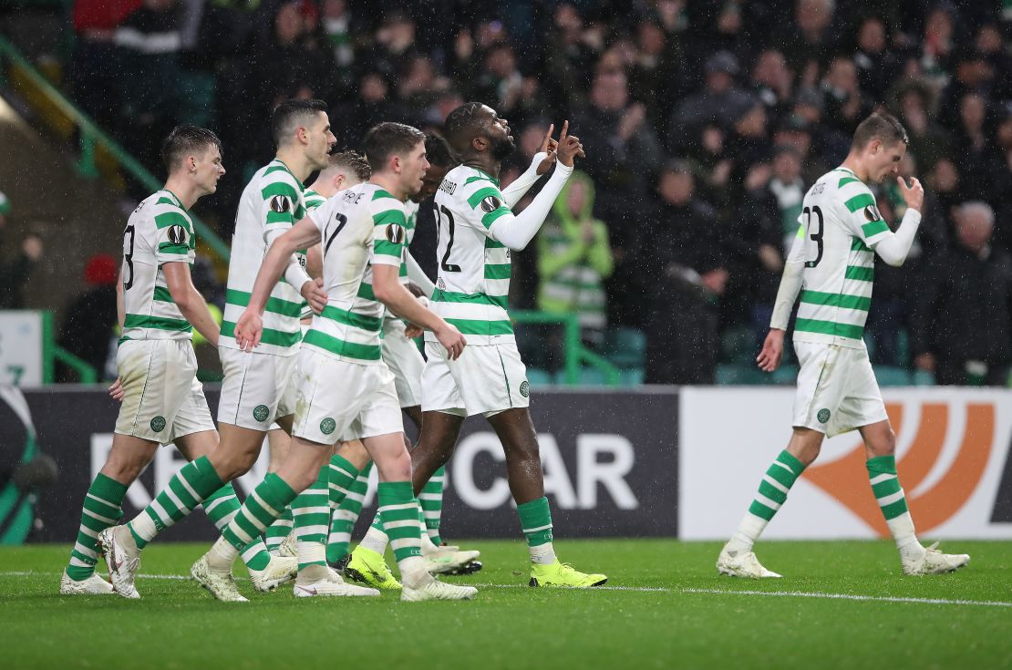 Odsonne Edouard celebrates scoring Celtic's second goal against RB Leipzig at Celtic Park.