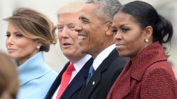 WASHINGTON, DC - JANUARY 20:   President Donald Trump (2nd-L) First Lady Melania Trump (L), former President Barack Obama (2nd-R) and former First Lady Michelle Obama walk together following the inauguration, on Capitol Hill in Washington, D.C. on January 20, 2017. President-Elect Donald Trump was sworn-in as the 45th President. (Photo by Kevin Dietsch/Pool/Getty Images)