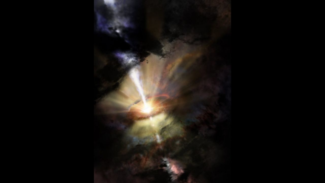An artist's impression of galaxy Abell 2597, showing the supermassive black hole expelling cold molecular gas like the pump of a giant intergalactic fountain.