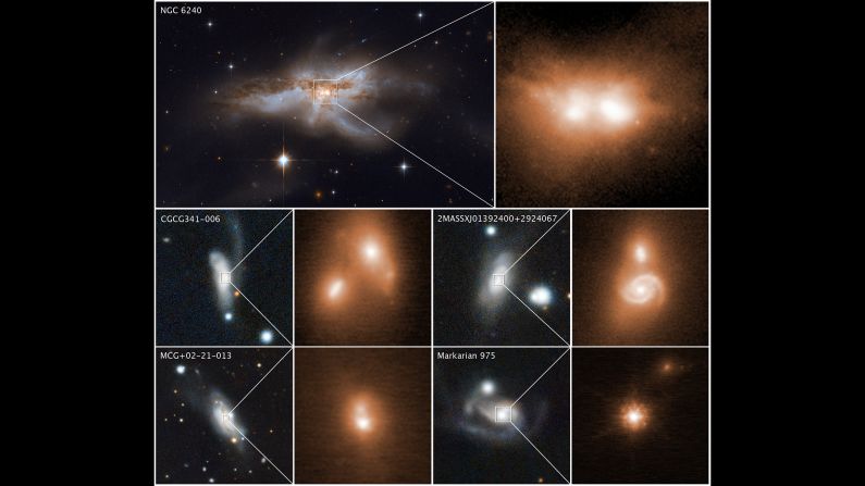 These images reveal the final stage of a union between pairs of galactic nuclei in the messy cores of colliding galaxies. 