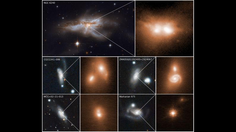 These images reveal the final stage of a union between pairs of galactic nuclei in the messy cores of colliding galaxies.