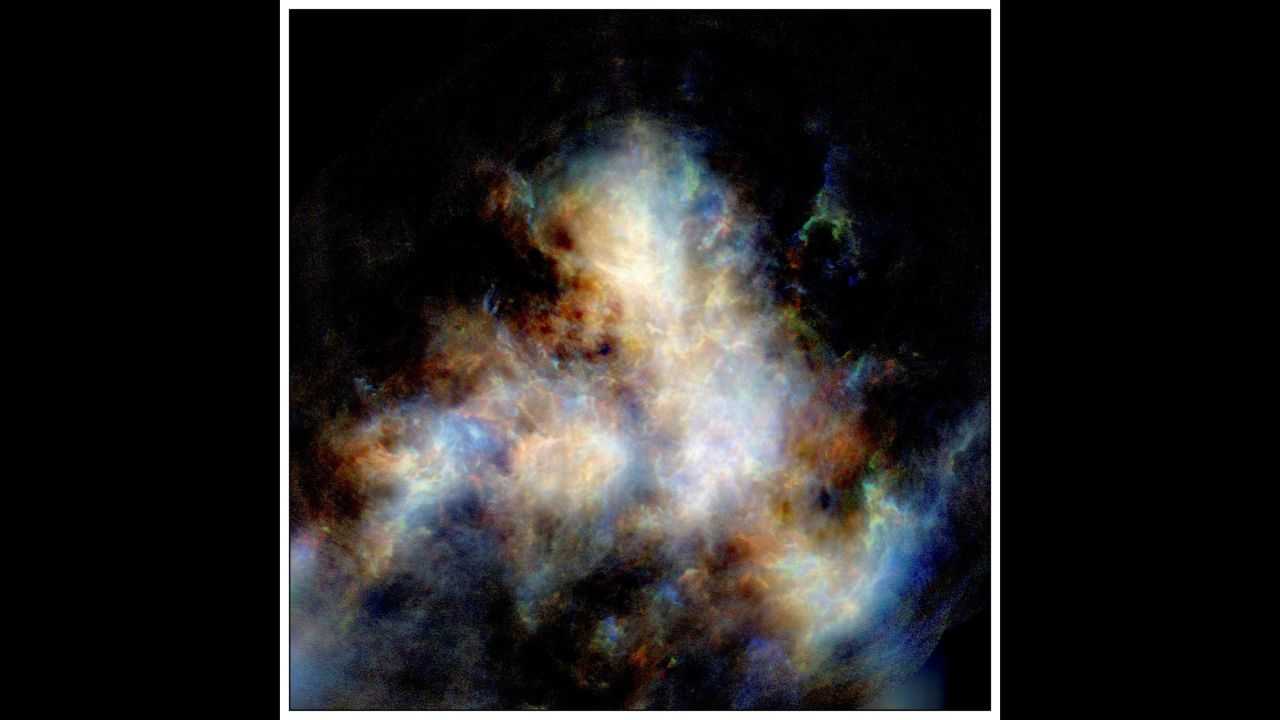 A radio image of hydrogen gas in the Small Magellanic Cloud. Astronomers believe that the dwarf galaxy is slowly dying and will eventually be consumed by the Milky Way. 