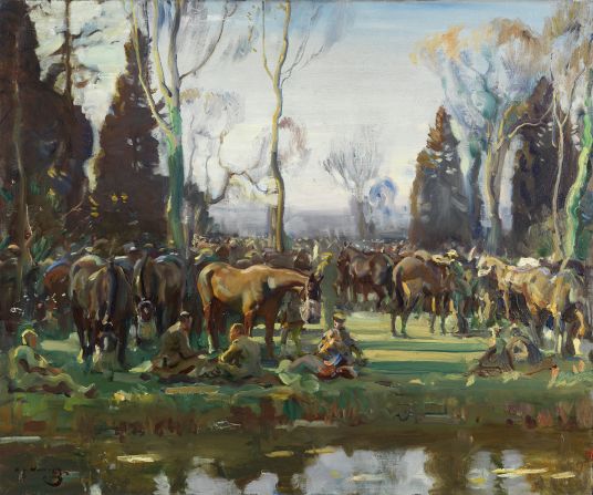 Horses had varied roles during WWI. The British Army needed thousands of civilian horses to serve alongside soldiers. This is painting is entitled "Halt on the March by a Stream at Nesle."<br />