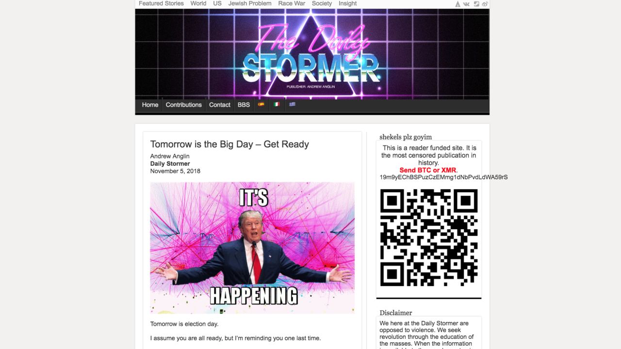 The Daily Stormer publisher exhorted his readers to go to the polls with this post featuring President Trump.