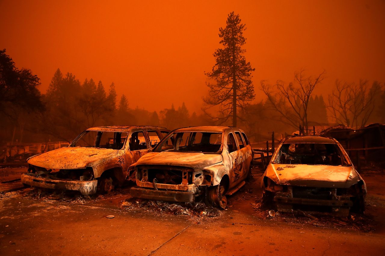 Cars destroyed by the Camp Fire sit in a used-car lot in Paradise on November 9.