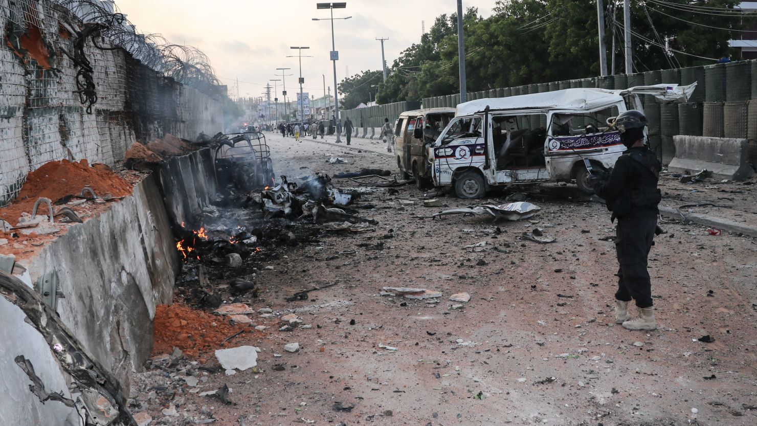 A Somali soldier at the scene of car bombings in Mogadishu.