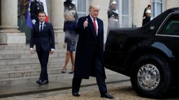 French President Emmanuel Macron and his wife Brigitte Macron accompany U.S. President Donald Trump and first lady Melania Trump after a meeting at the Elysee Palace on the eve of the commemoration ceremony for Armistice Day, 100 years after the end of the First World War, in Paris, France, November 10, 2018.  REUTERS/Vincent Kessler