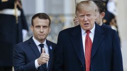 French President Emmanuel Macron, left, poses with President Donald Trump prior to their meeting at the Elysee presidential palace, in Paris, Saturday, Nov. 10, 2018. Trump is joining other world leaders at centennial commemorations in Paris this weekend to mark the end of World War I. (AP Photo/Kamil Zihnioglu)