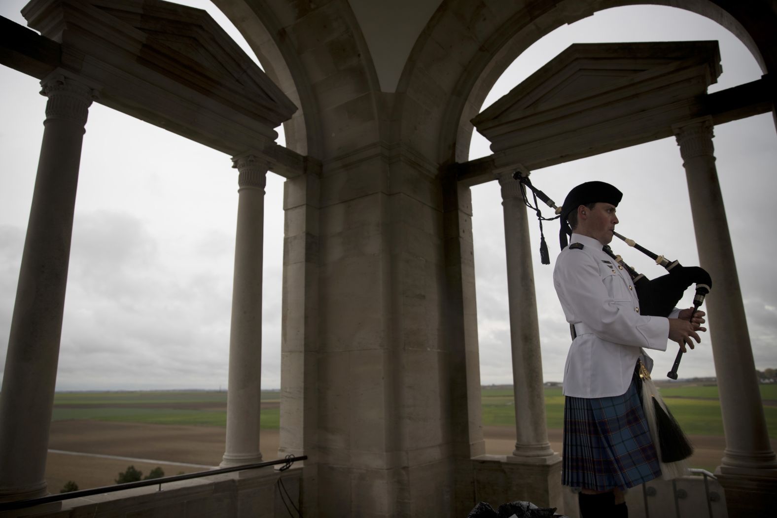 A bagpiper plays from the tower of the World War I Australian National Memorial in Villers-Bretonneux, France on November 10. The memorial walls at the site bear the names of 11,000 Australian soldiers who died in France during the war.