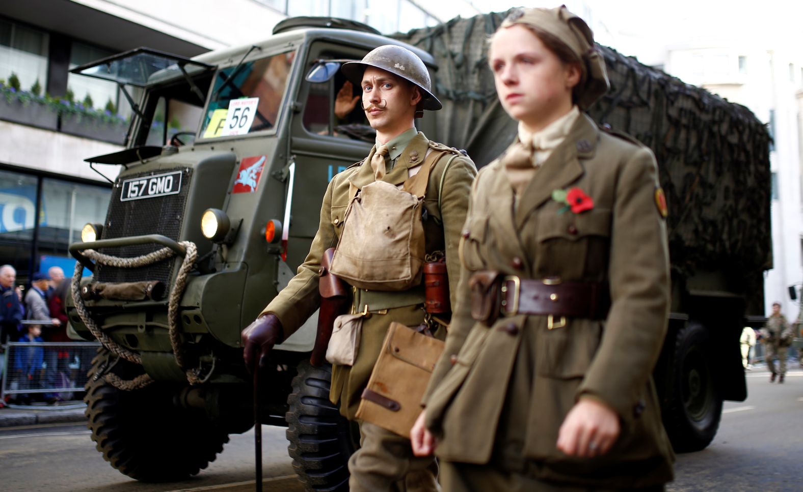 Participants dressed in World War I military uniforms march in the Lord Mayor's Show in London on November 10.