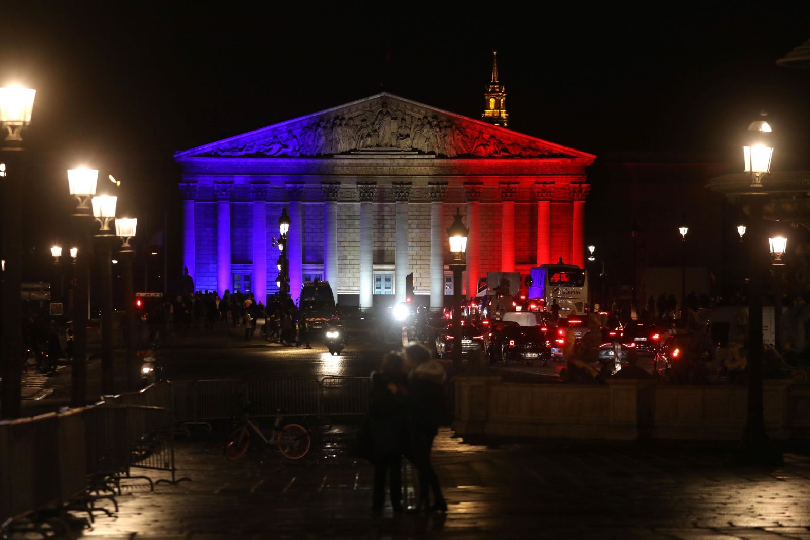 The National Assembly in Paris is illuminated in the colors of the French flag on November 10 as part of commemorations marking the 100th anniversary of the armistice ending World War I.