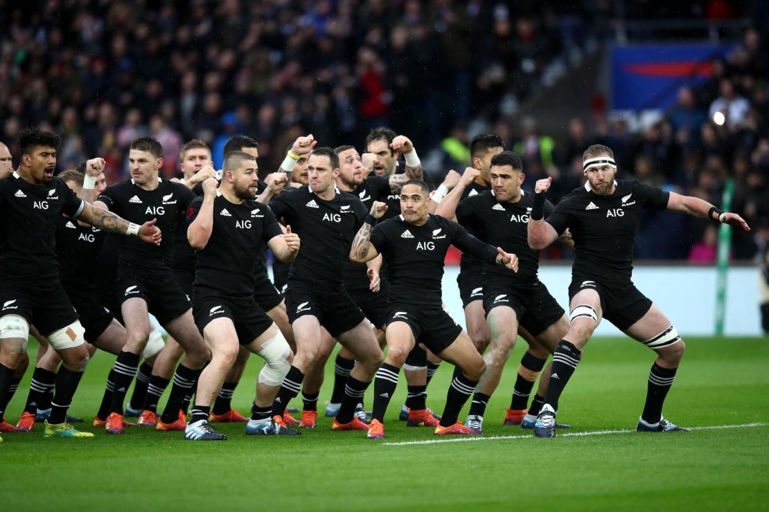 The New Zealand All Blacks perform the haka ahead of the game against England at Twickenham.