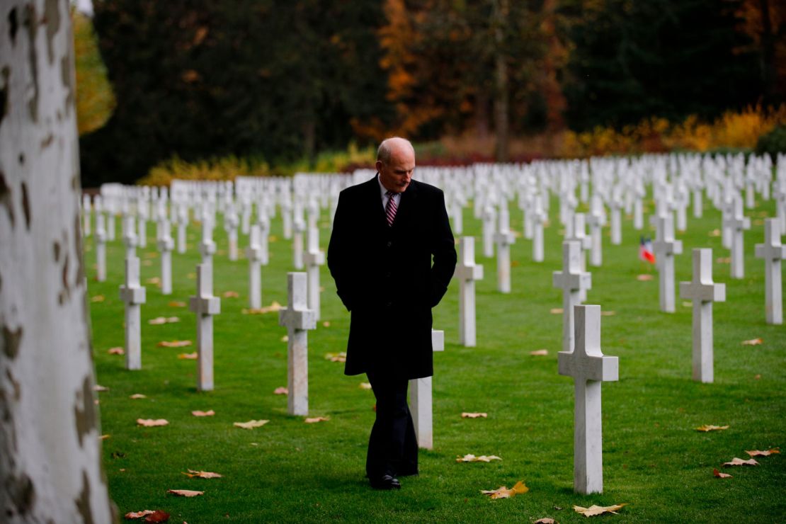 White House Chief of Staff John Kelly visits the Aisne Marne American Cemetery near the Belleau Wood battleground, in Belleau, France, Saturday, Nov. 10, 2018. Belleau Wood, 90 kilometers (55 miles) northeast of the capital, Iis the place where U.S. troops had their breakthrough battle by stopping a German push for Paris shortly after entering the war in 1917. (AP Photo/Francois Mori)