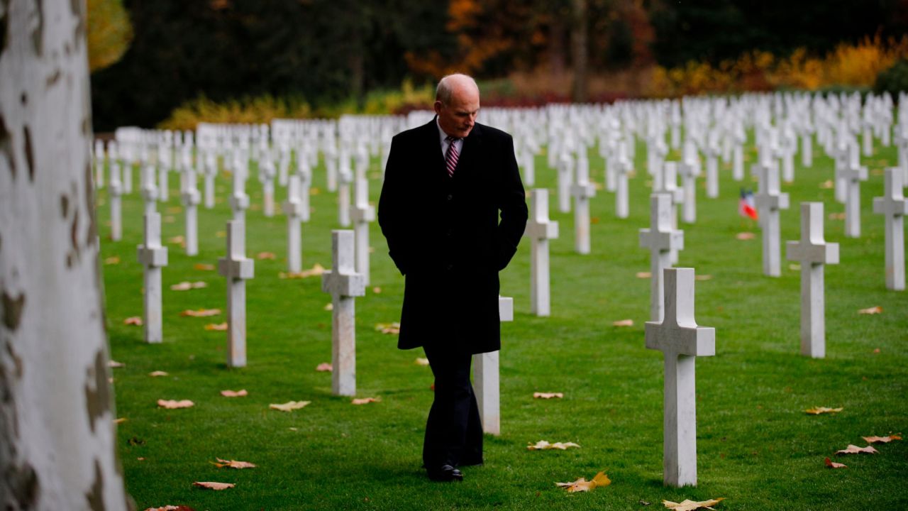 White House Chief of Staff John Kelly visits the Aisne Marne American Cemetery near the Belleau Wood battleground, in Belleau, France, Saturday, Nov. 10, 2018. Belleau Wood, 90 kilometers (55 miles) northeast of the capital, Iis the place where U.S. troops had their breakthrough battle by stopping a German push for Paris shortly after entering the war in 1917. (AP Photo/Francois Mori)
