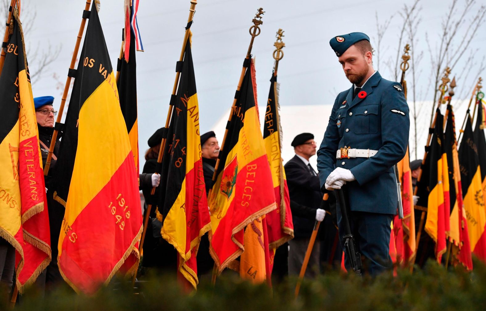 A Canadian soldier attends the unveiling of a monument for Canadian World War I soldier George Lawrence Price in Le Roeulx, Belgium, on November 10. Price was the last Canadian soldier to die in World War I, shot just minutes before the armistice.
