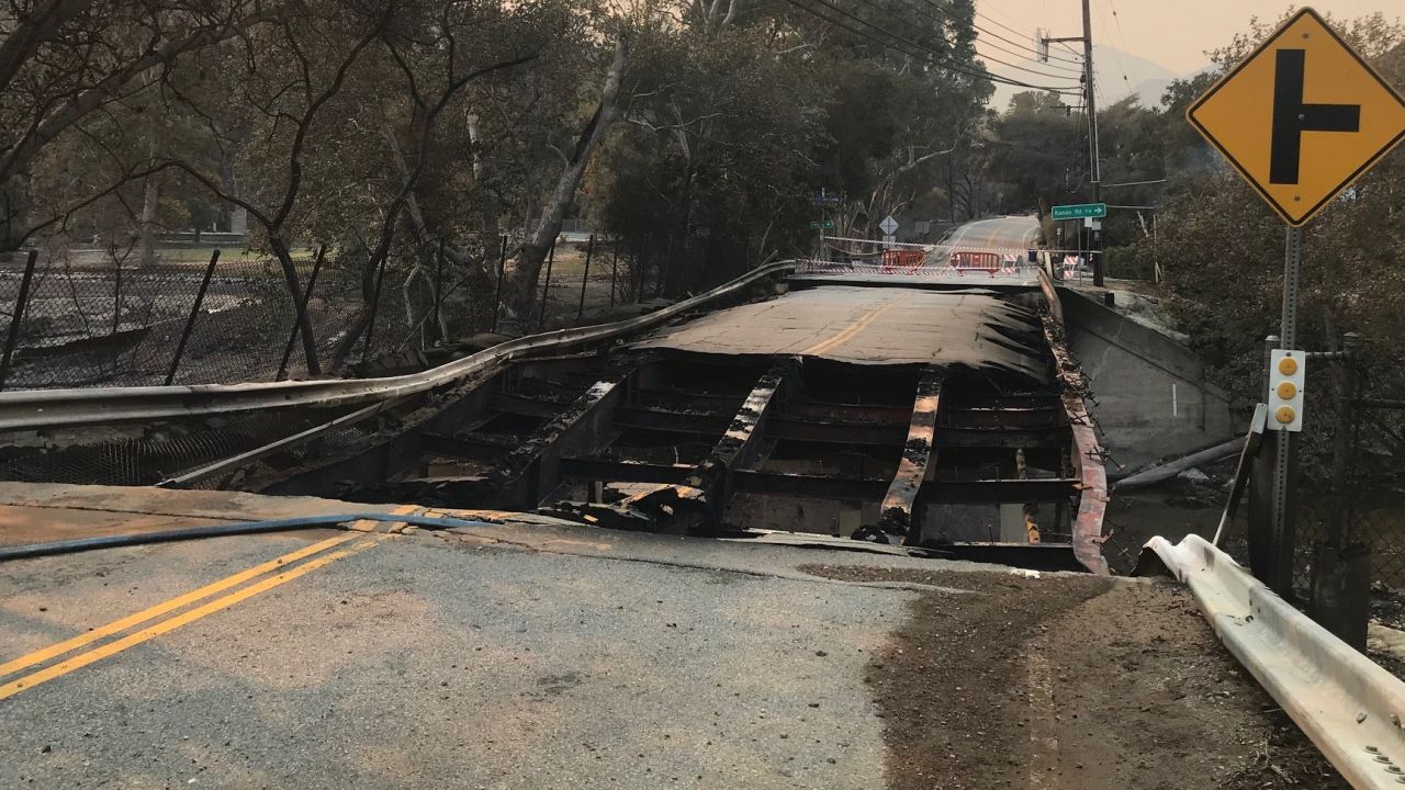 A bridge paved with asphalt near Agoura Hills, California, was also heavily damaged.