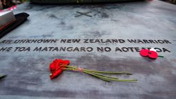 Poppies sit on the tomb during a Mounting of the Vigil and dressing of the Tomb of the Unknown Warrior commemoration starting the ceremony marking the 100th anniversary of the end of World War I at the National War Memorial in Wellington, New Zealand, on November 11, 2018. (Photo by Marty MELVILLE / AFP)        (Photo credit should read MARTY MELVILLE/AFP/Getty Images)