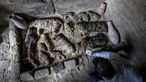 An Egyptian archaeologist cleans mummified cats during the demonstration of a new discovery made by an Egyptian archaeological mission through excavation work at an area located on the stony edge of King Userkaf pyramid complex in Saqqara Necropolis, south of the capital Cairo, on November 10, 2018. (Photo by KHALED DESOUKI / AFP)        (Photo credit should read KHALED DESOUKI/AFP/Getty Images)