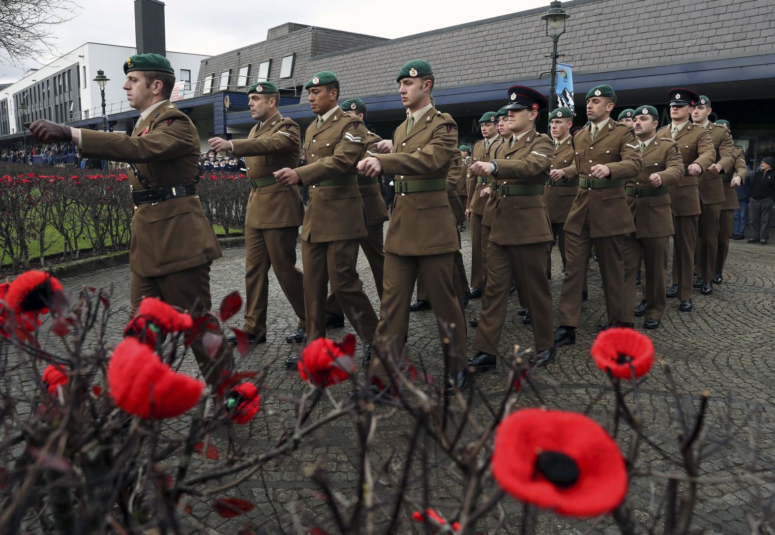 Members of the armed forces take part in a remembrance parade and service in Fort William, Scotland, on Sunday for the centennial of the end of World War I. 