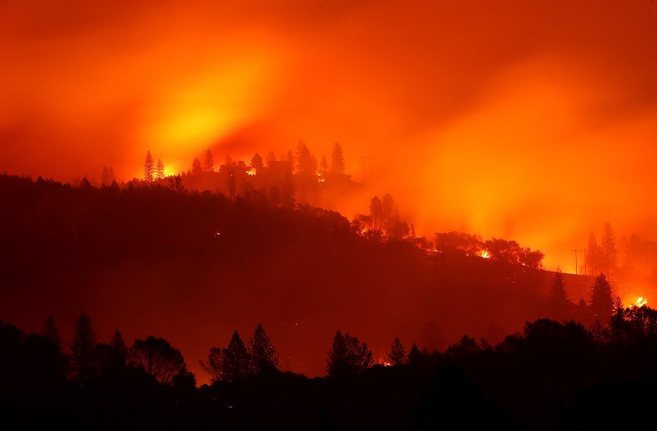 The Camp Fire burns November 10 in the hills near Big Bend.