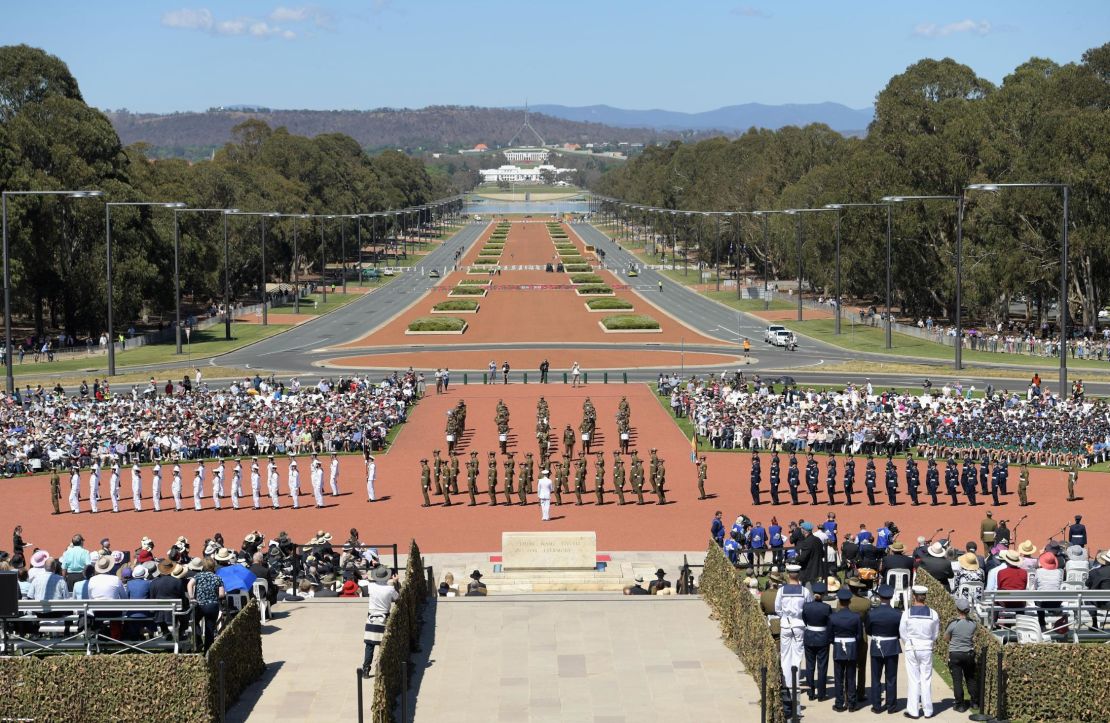 The view to Parliament House along ANZAC Parade during the Remembrance Day Service at the Australian War Memorial.