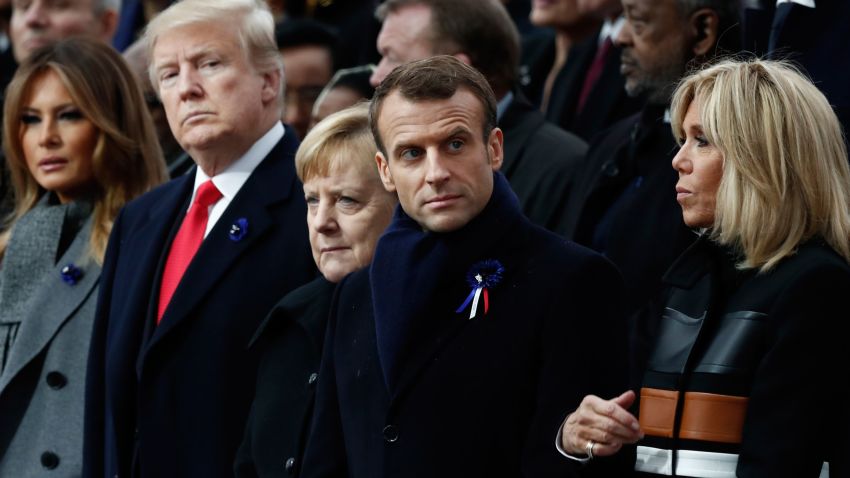 (From L) US First Lady Melania Trump, US President Donald Trump, German Chancellor Angela Merkel, French President Emmanuel Macron and French President's wife Brigitte Macron qttend a ceremony at the Arc de Triomphe in Paris on November 11, 2018 as part of commemorations marking the 100th anniversary of the 11 November 1918 armistice, ending World War I. (Photo by BENOIT TESSIER / POOL / AFP)        (Photo credit should read BENOIT TESSIER/AFP/Getty Images)