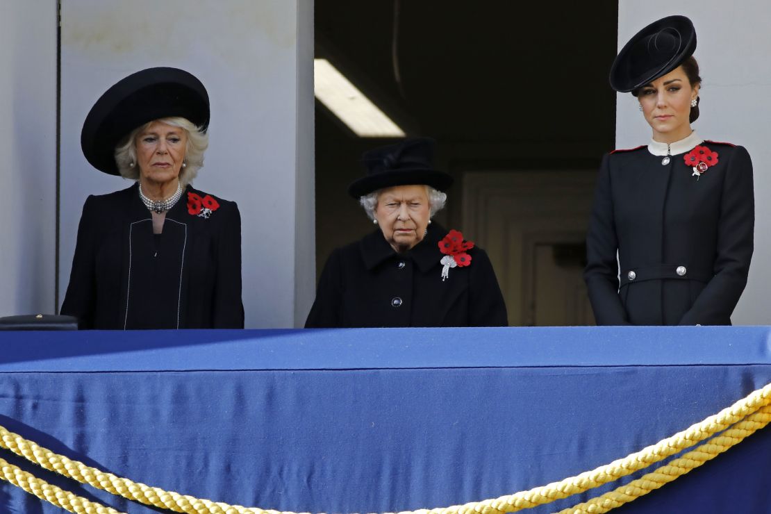 Camilla, Duchess of Cornwall, Queen Elizabeth II and Catherine, Duchess of Cambridge, attend the Remembrance Sunday ceremony at the Cenotaph in central London.