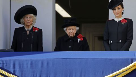 Camilla, Duchess of Cornwall, Queen Elizabeth II and Catherine, Duchess of Cambridge, attend the Remembrance Sunday ceremony at the Cenotaph in central London.