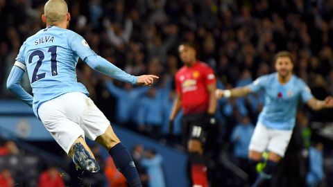 David Silva opened the scoring for Manchester City in the Manchester derby with his third goal in three home games at the  Etihad Stadium.