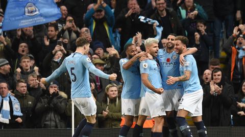 Manchester City's players celebrate Sergio Aguero's second goal at the Etihad Stadium on the way to a derby victory over Manchester United.
