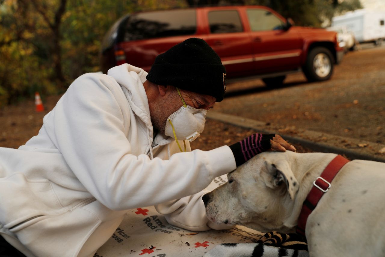 Evacuee Brian Etter and his dog Tone, who escaped the Camp Fire on foot, rest in the parking lot of a Chico church on November 11.
