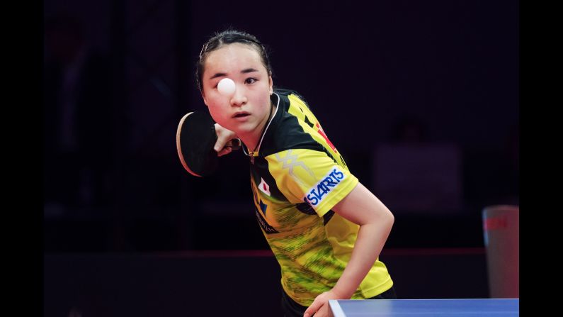 Mima Ito of Japan eyes the ball as she serves during a match against Zhu Yuling of China at the Swedish Open Championships in Stockholm, Sweden on November 4.