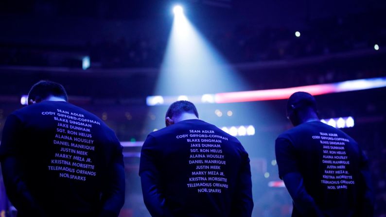 NBA players of the Milwaukee Bucks and Los Angeles Clippers wear T-shirts bearing the names of the 12 victims killed in<a href="index.php?page=&url=https%3A%2F%2Fwww.cnn.com%2F2018%2F11%2F08%2Fus%2Fthousands-oaks-california-bar-shooting%2Findex.html" target="_blank"> Wednesday night's shooting at Borderline Bar & Grill in Thousand Oaks</a>, California, before a game on November 10 in Los Angeles. The front of the shirts said "enough", <a href="index.php?page=&url=https%3A%2F%2Fbleacherreport.com%2Farticles%2F2805395-clippers-bucks-wear-enough-shirts-with-the-names-of-thousand-oaks-victims" target="_blank" target="_blank">an apparent call to action to end gun violence</a>.