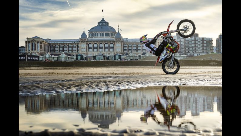 Robbie Maddison does a wheelie before the Red Bull Knock Out in The Hague, Netherlands on November 9.