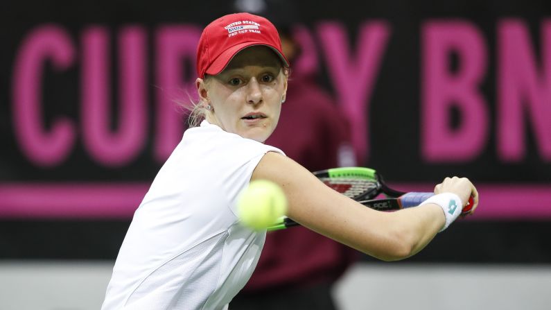 Alison Riske of the USA returns the ball to Katerina Sinjakova of the Czech Republic during the Fed Cup Final on November 10 in Prague, Czech Republic. The Czech Republic beat the defending champion US team to win the trophy for the sixth time in eight years.