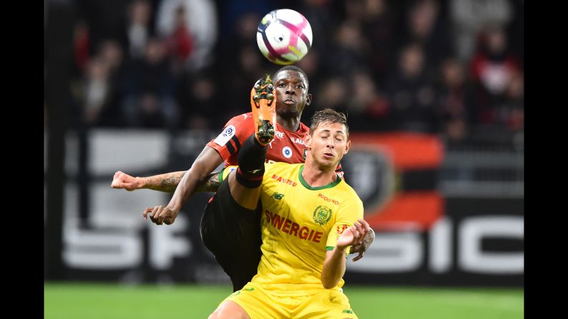 Rennes defender Hamari Traore fights for a ball against Nantes forward Emiliano Sala during a match between Stade Rennais FC and Nantes FC on November 11 in Rennes, France.