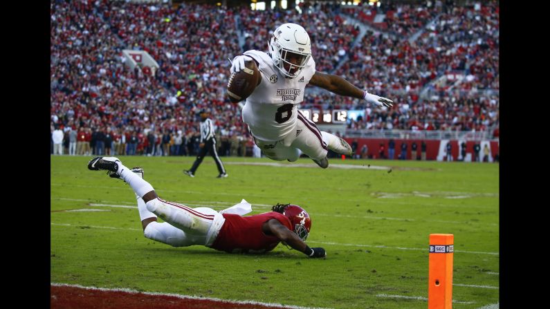 Mississippi State running back Kylin Hill dives for the end zone during the first half of a football game between Alabama and Mississippi State in Tuscaloosa on November 10. The play was later called back because of a penalty.