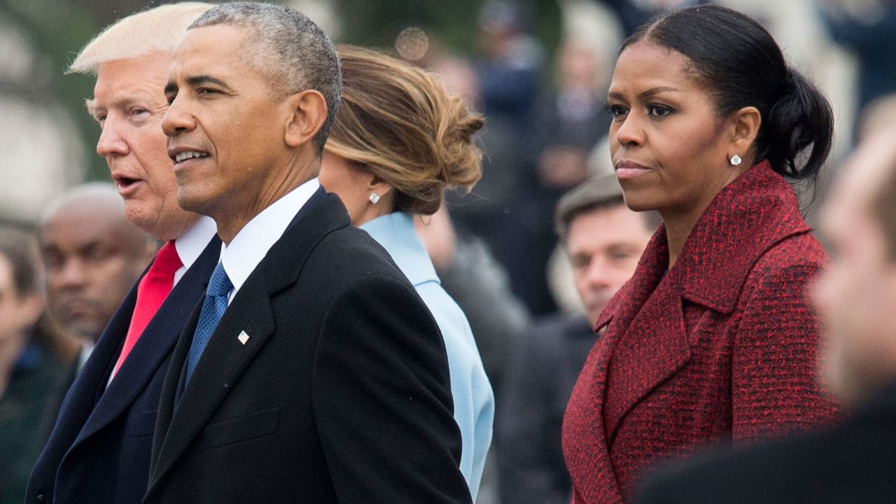 WASHINGTON, DC - JANUARY 20:   President Donald Trump (L), former President Barack Obama (C) and former First Lady Michelle Obama walk together following the inauguration, on Capitol Hill in Washington, D.C. on January 20, 2017. President-Elect Donald Trump was sworn-in as the 45th President. (Photo by Kevin Dietsch/Pool/Getty Images)